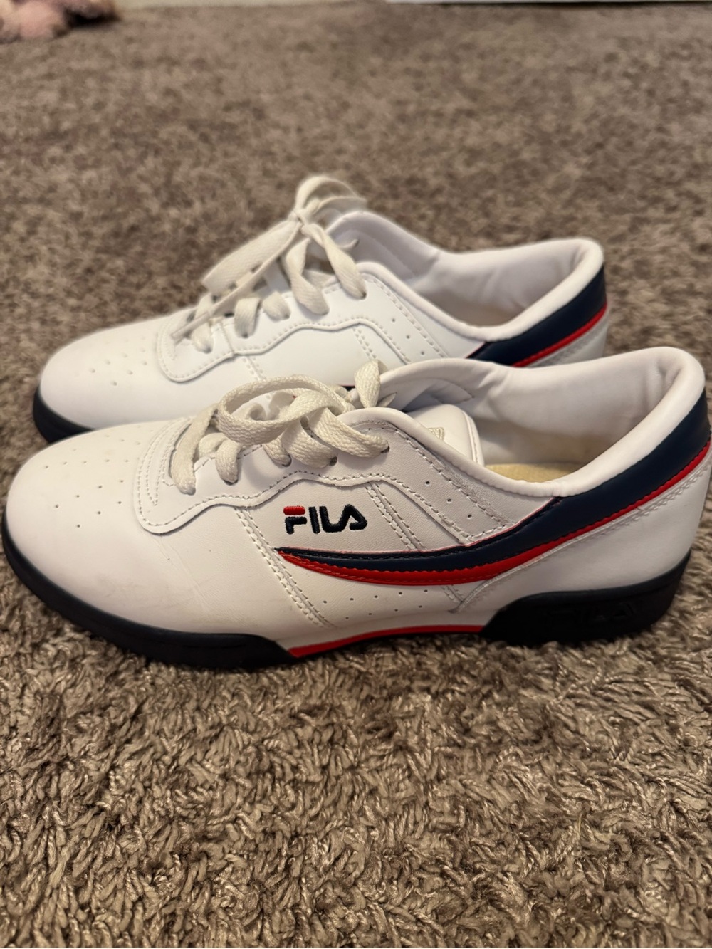 FILA Kids White Leather Lace-Up Sneakers with Navy & Red Trim
